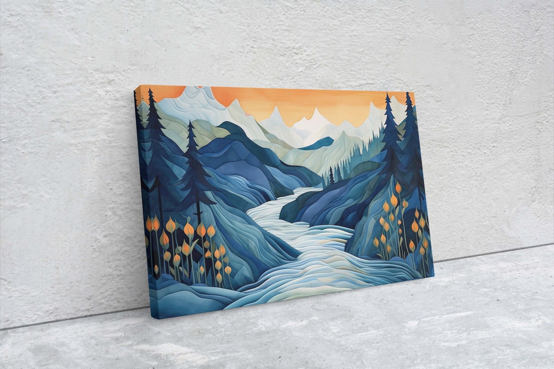 Blue Mountain River Valley Orange Sky Abstract Watercolor Art Print - Image 2