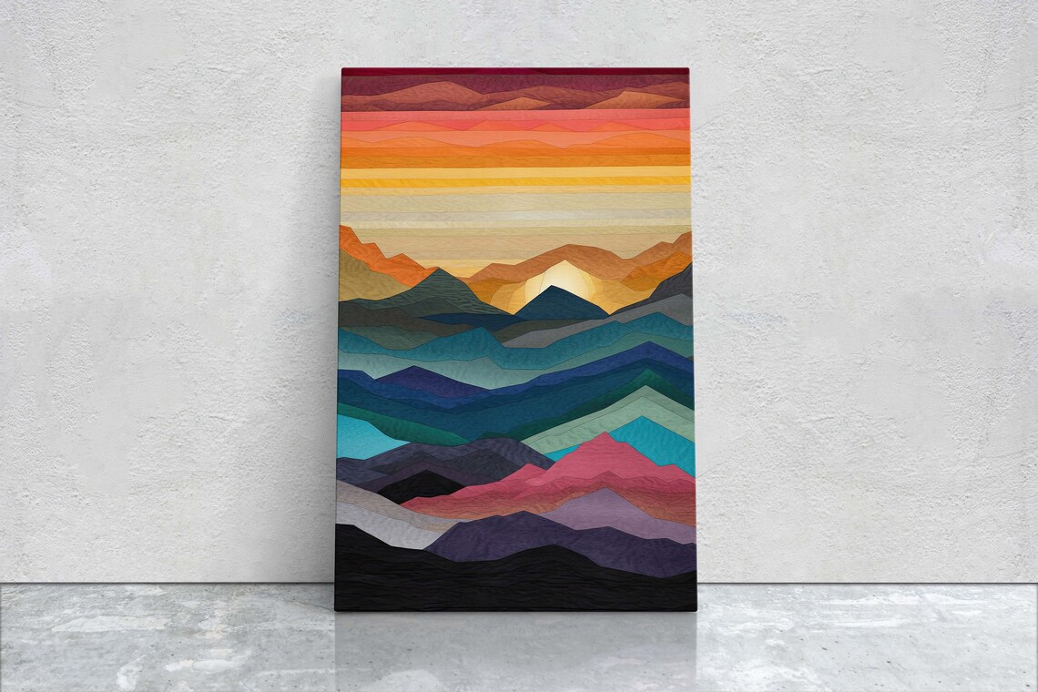 Minimalist Mountains Sunset Art Print, Mid-Century Modern