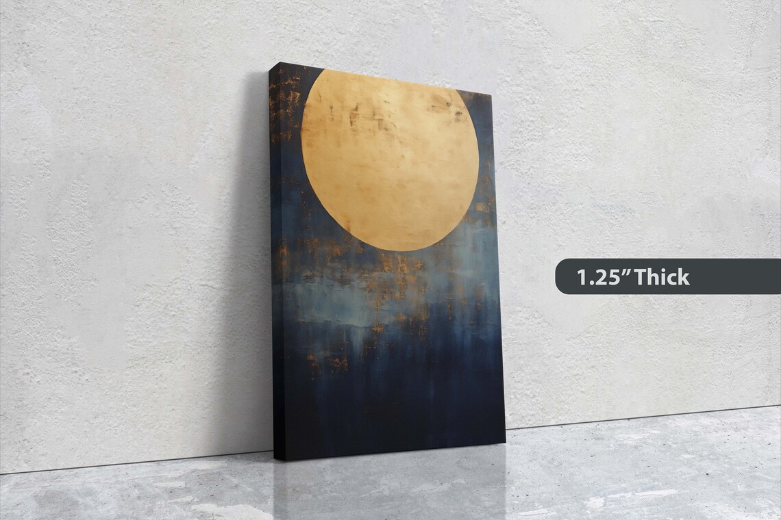 Gold Moon on Indigo Night Sky, Minimalist Art Print - Image 3