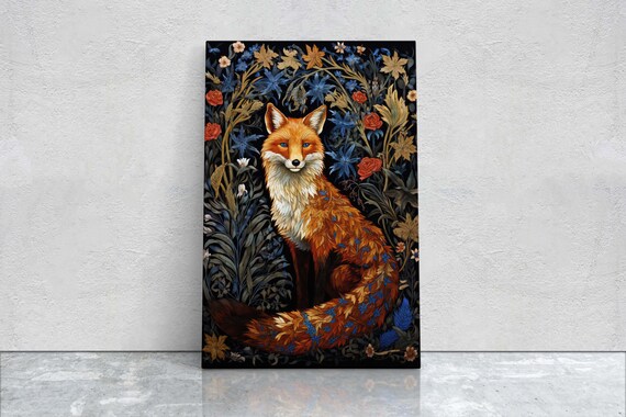 Red Fox Deep Navy Floral William Morris Inspired Botanical Art Poster