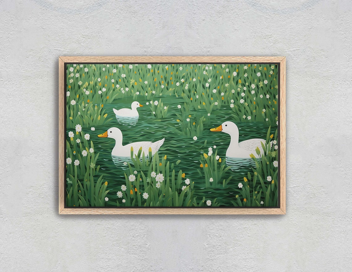 Three White Ducks Swimming Green Pond Reeds Flowers Art Poster - Image 2