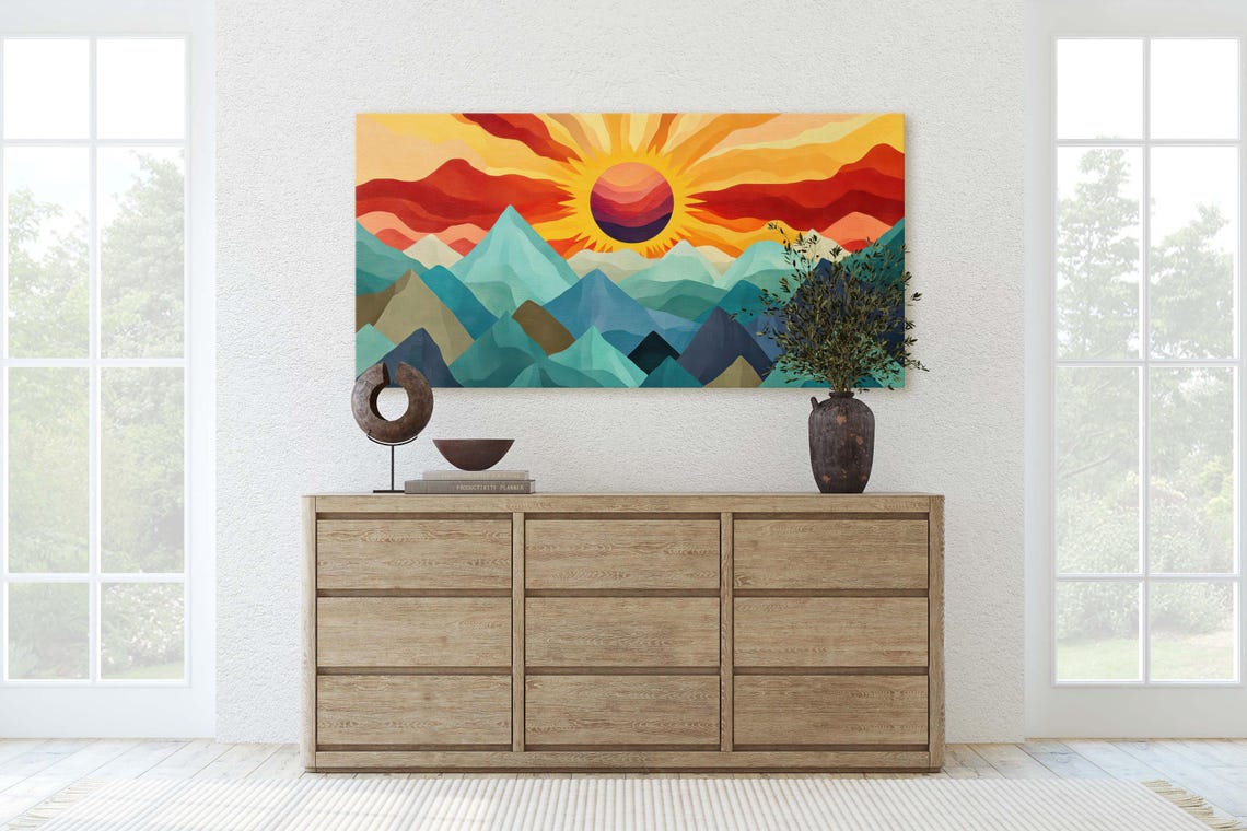 Flat Mid Century Mountain Sunrise Teal Peaks Red Sun Art Poster - Image 2