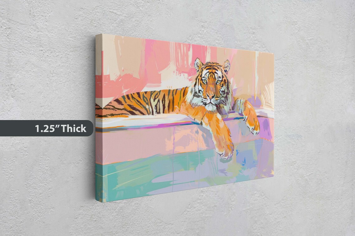 Tiger In Bathtub Pastel Pink Kitsch Fun Maximalist Bathroom Art Poster - Image 3