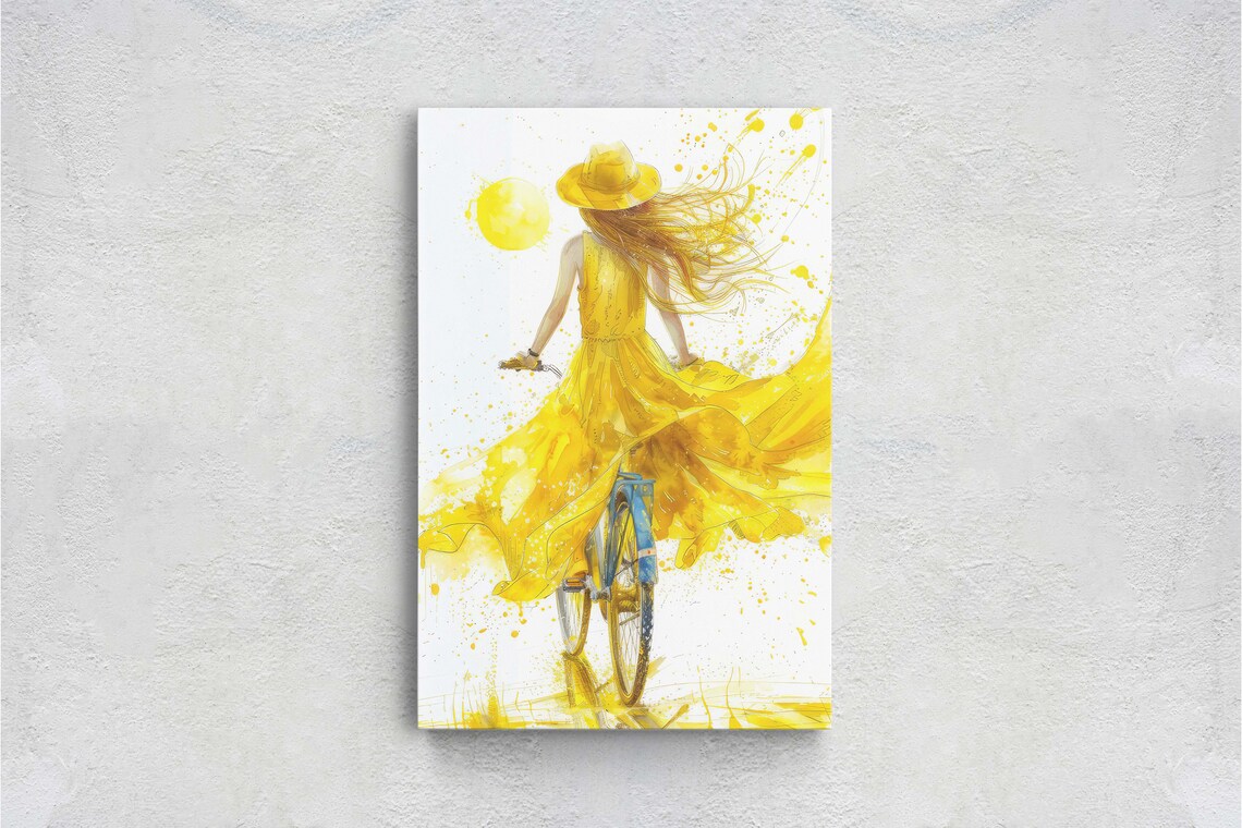 Woman In Yellow Sundress Riding Bicycle Watercolor Summer Art Poster - Image 2