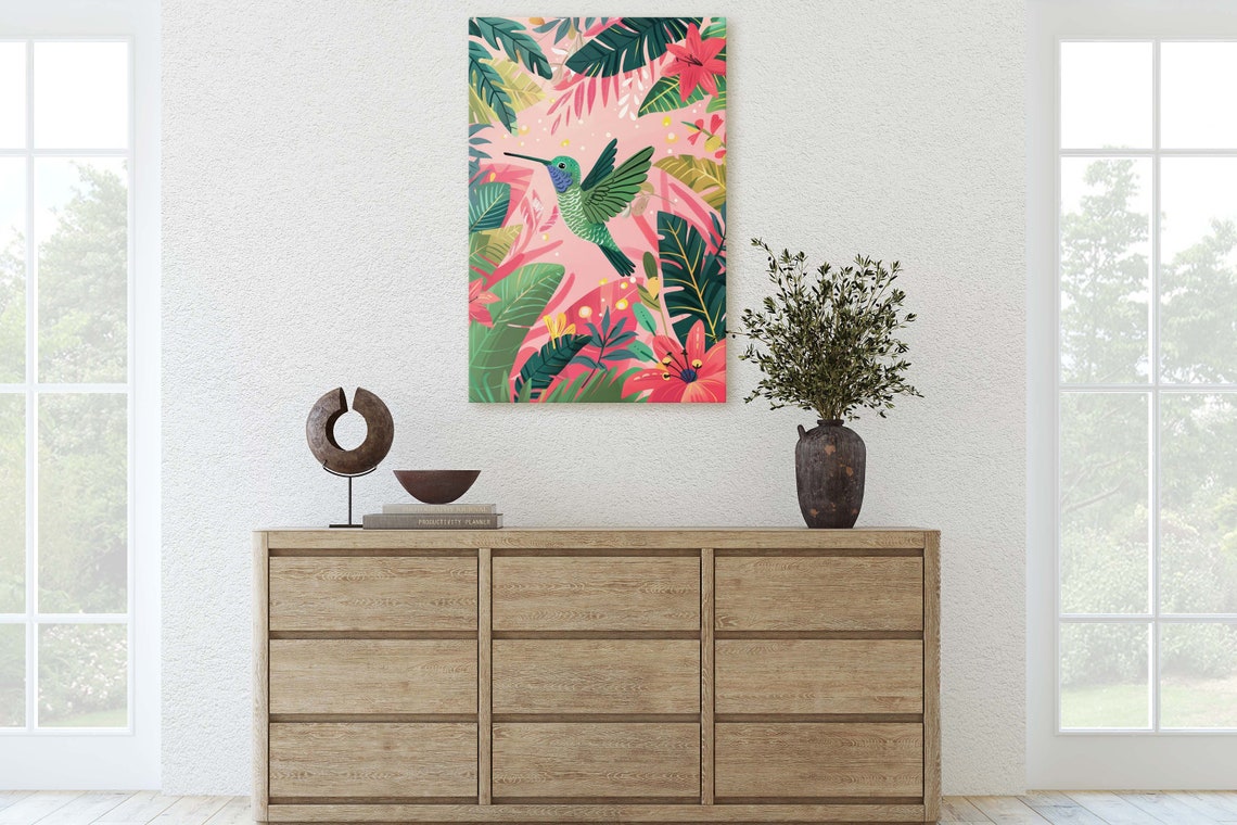 Hummingbird Botanical Jungle Leaf Tropical Flower Illustration Print - Image 3