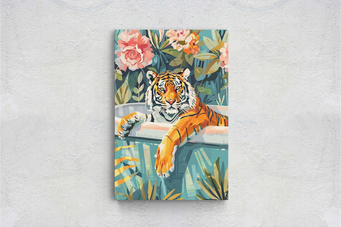 Tiger In Bathtub Tropical Jungle Pink Floral Maximalist Art Poster - Image 2