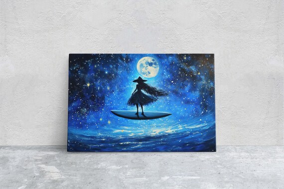 Surfing Witch Standing on Surfboard Under Starry Full Moon Night Print