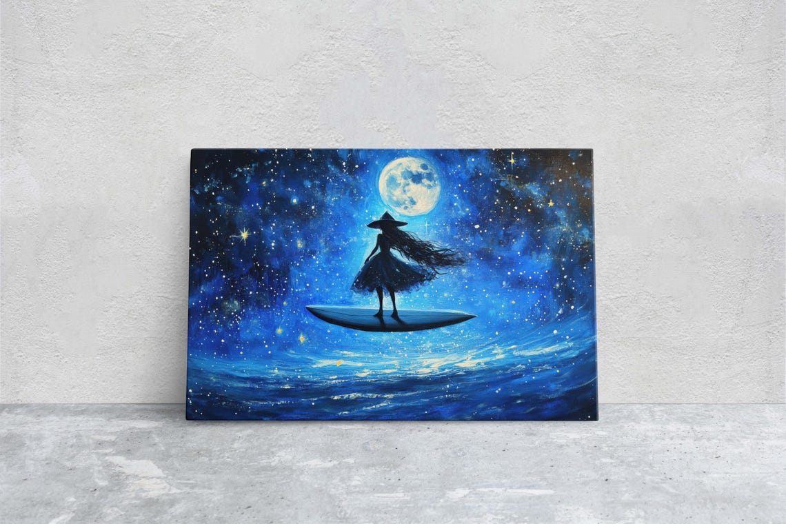 Surfing Witch Standing on Surfboard Under Starry Full Moon Night Print
