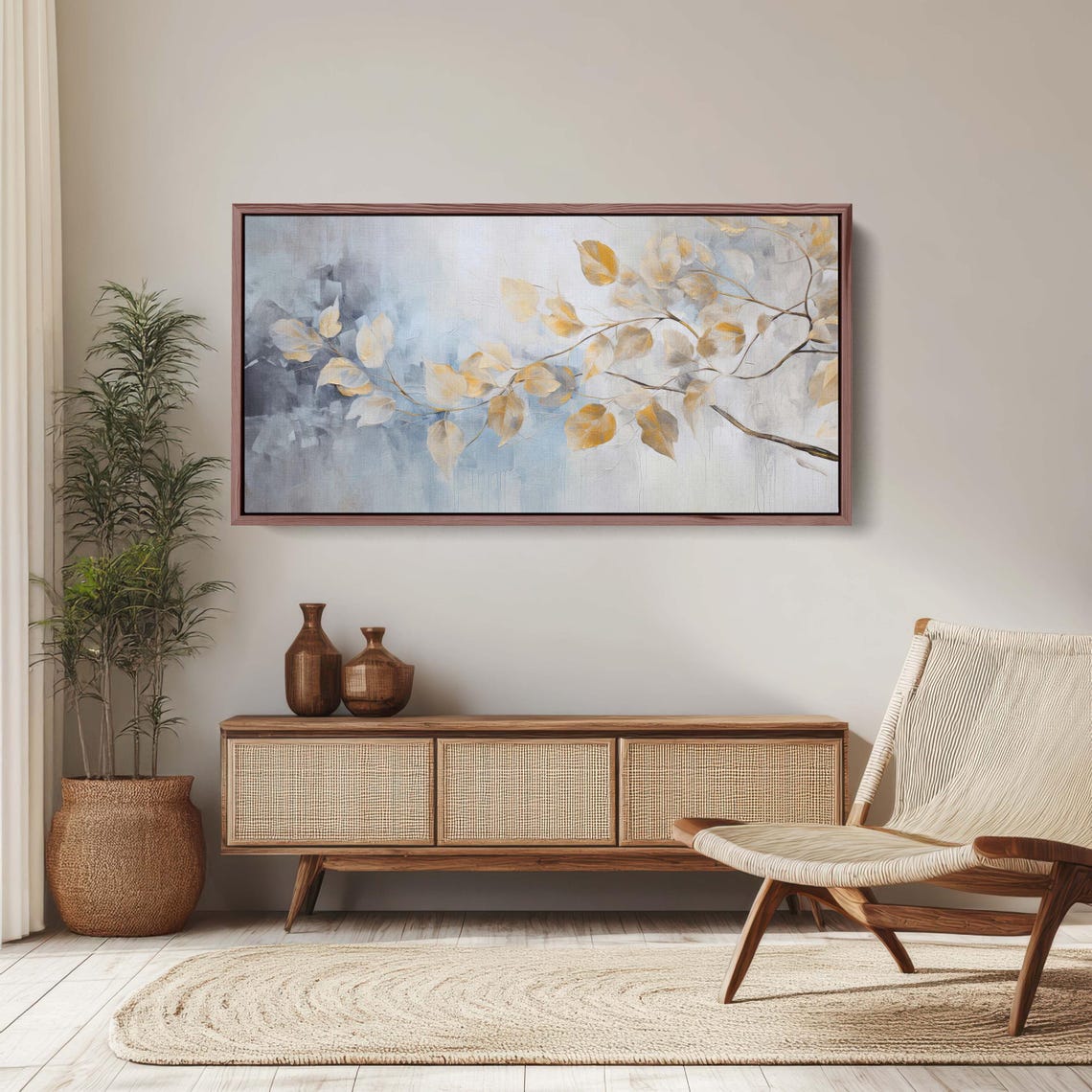 Golden Autumn Leaves Branch Soft Blue Grey Abstract Floral Wall Art - Image 3
