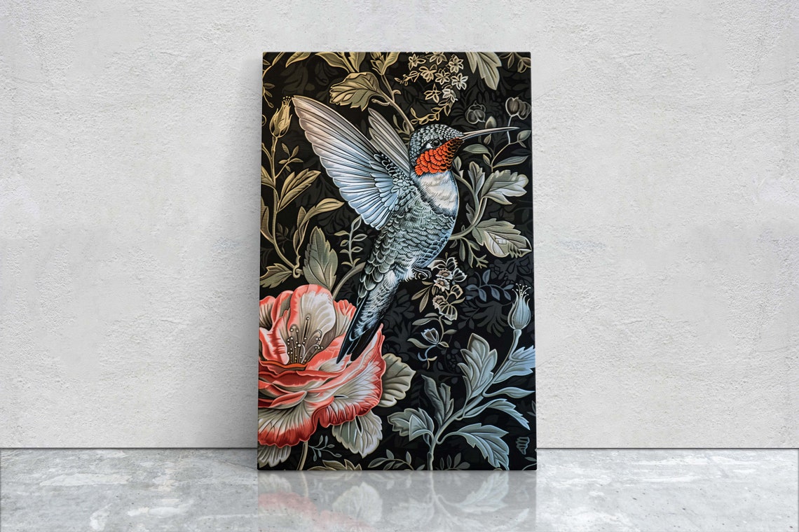 Ruby Hummingbird on Pink Blossom Black Floral William Morris Wall Art