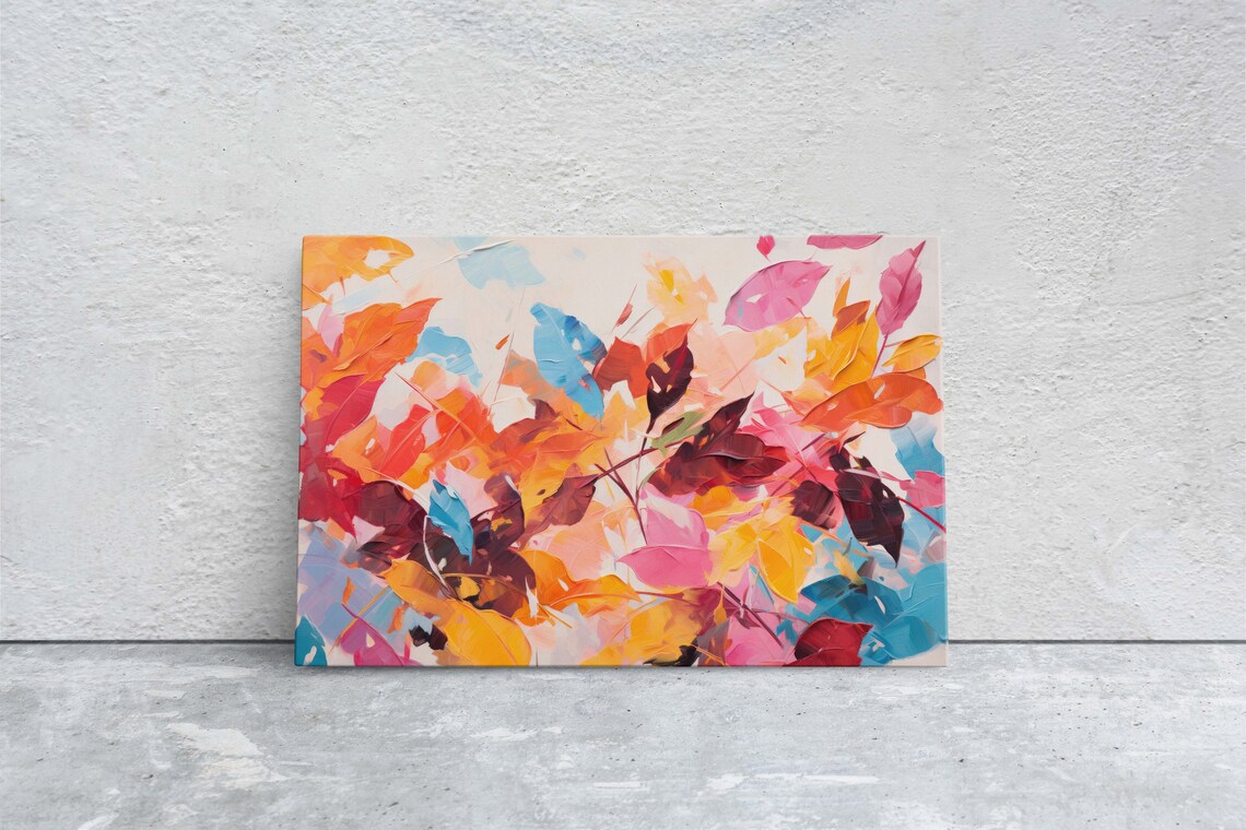 Abstract Autumn Leaves Orange Pink Blue Brushstrokes Modern Art Print