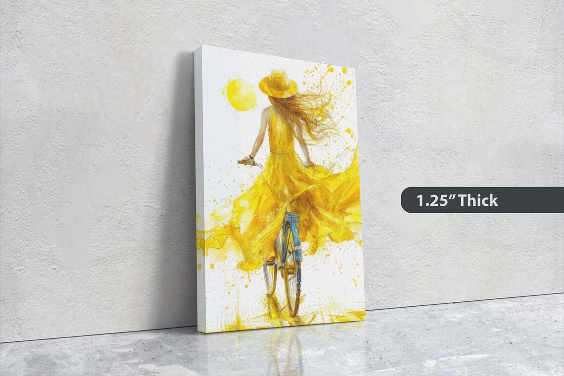 Woman In Yellow Sundress Riding Bicycle Watercolor Summer Art Poster - Image 3