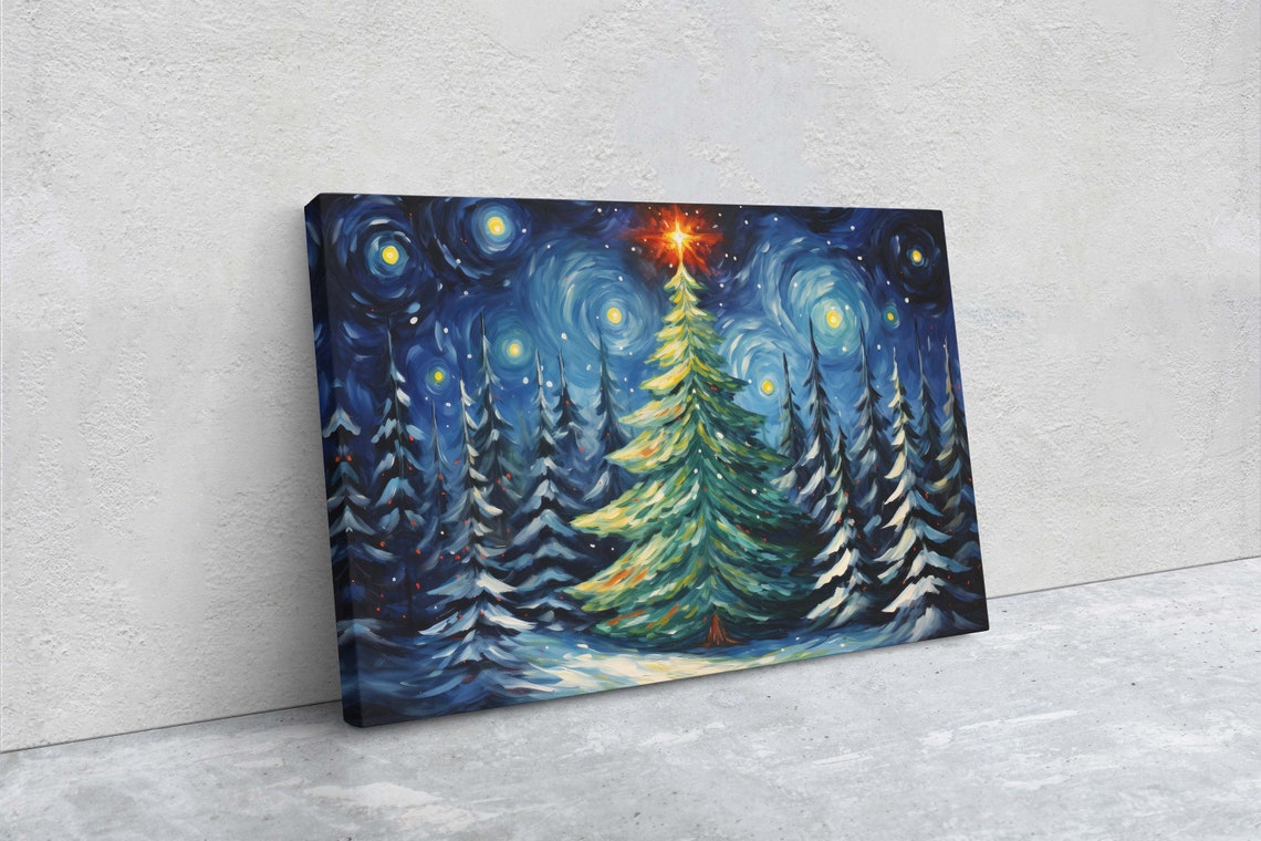 Starry Night Christmas Tree Snowy Pines Winter Holiday Art Poster - Image 3