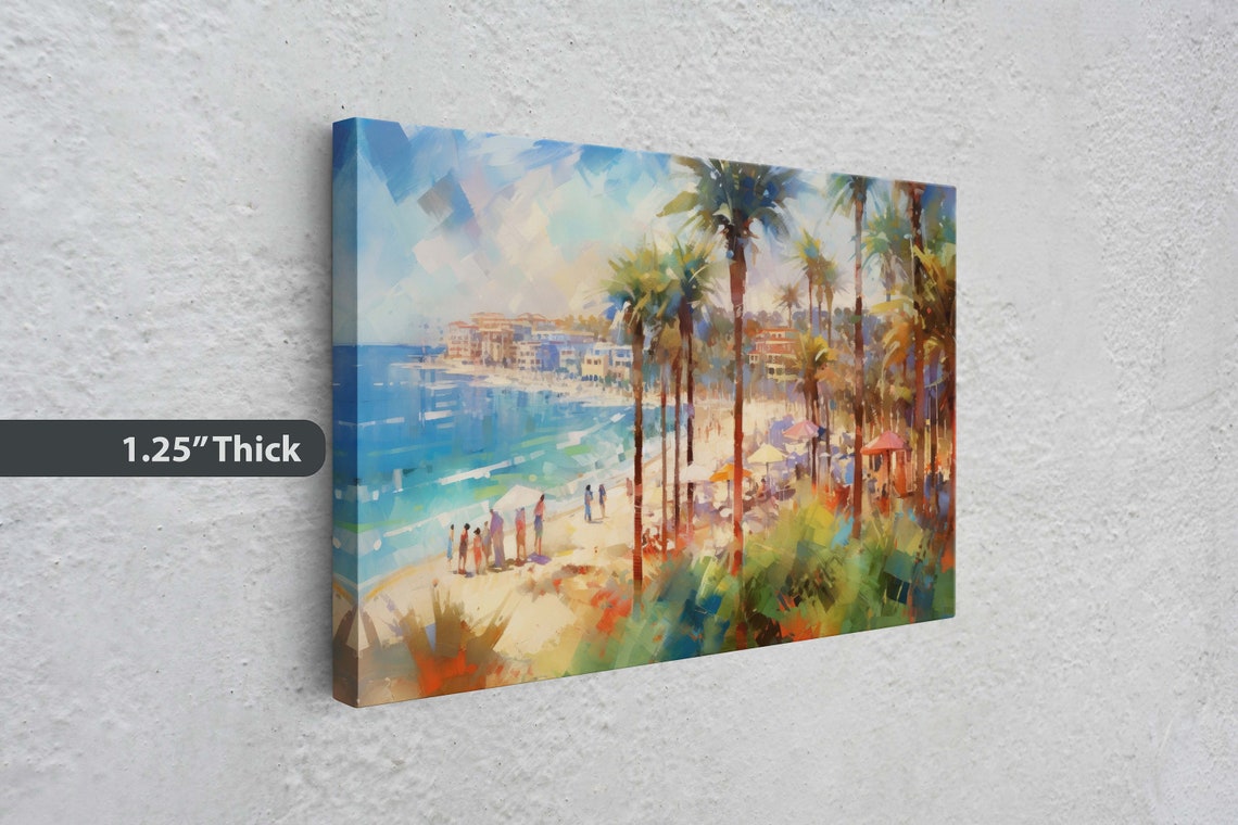 Watercolor Beach On Beach Town Ocean Resort Tropical Vacation Beach Front Water Sunset Palm Trees Blue Water - Image 3