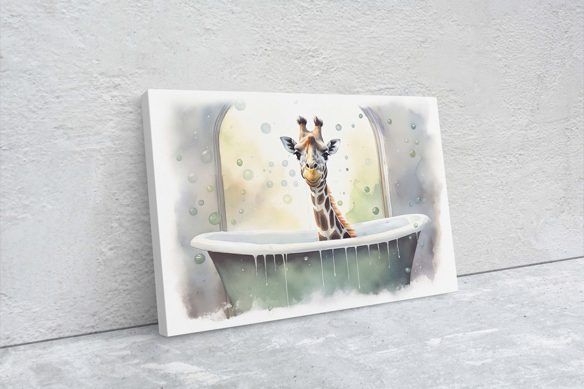Giraffe In Bathtub Watercolor Bubble Bath Funny Bathroom Wall Art - Image 2