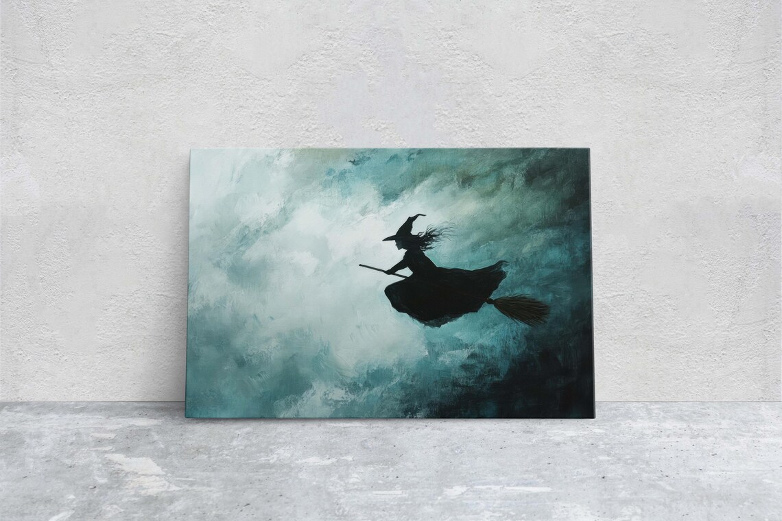 Flying Witch On Broomstick, Whimsical Halloween Art - Image 3