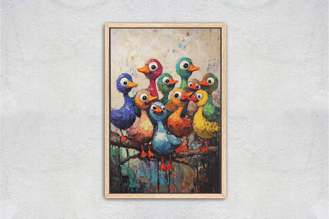 Colorful Cartoon Ducks on Branch Big Eyes Playful Kids Room Art Print