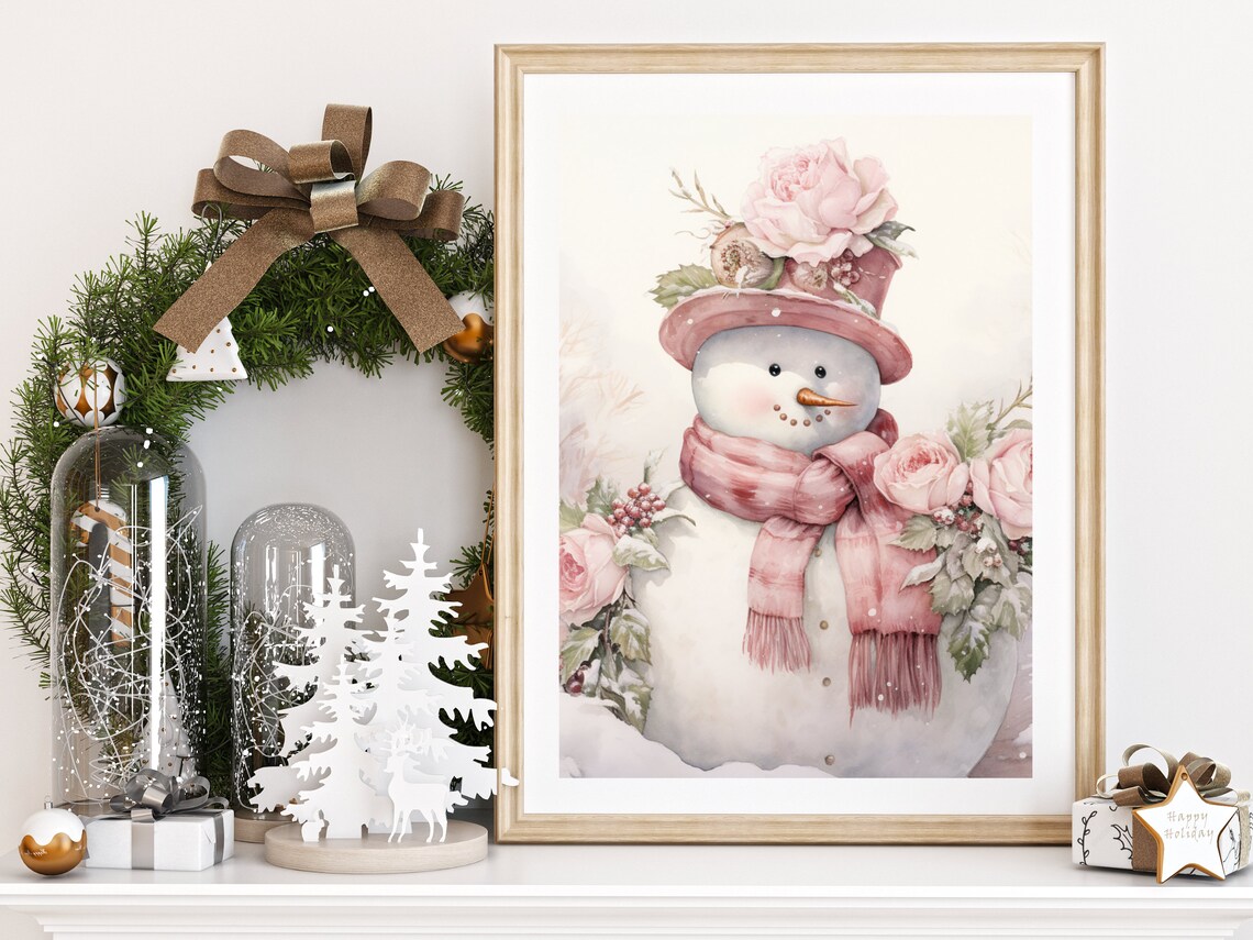 Snowman Holiday Decor, Soft Pink Christmas Art Print - Image 3