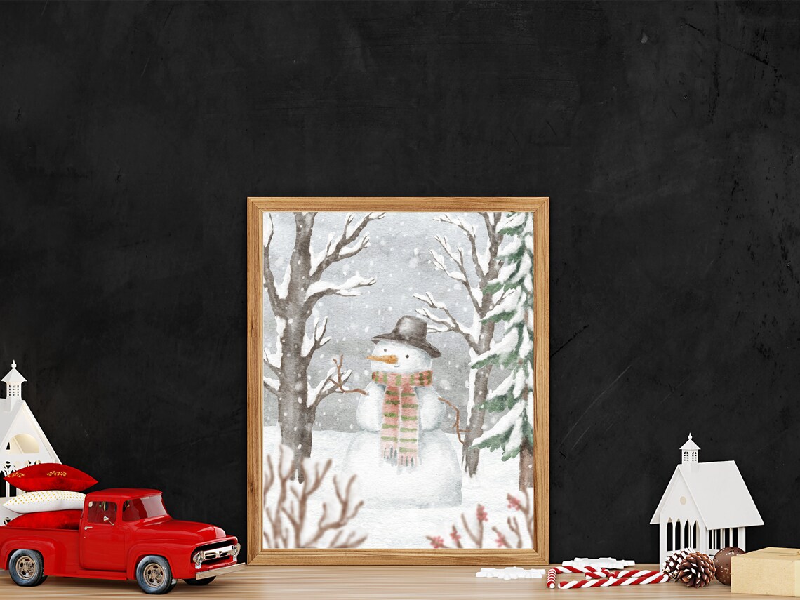 Cute Snowman Winter Wonderland Art Print, Watercolor - Image 2