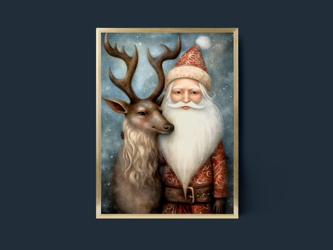 Santa And Reindeer Holiday Decor Christmas Art For Living Room Cozy Winter Art Christmas Art For Kids Room Or Nursery - Image 3
