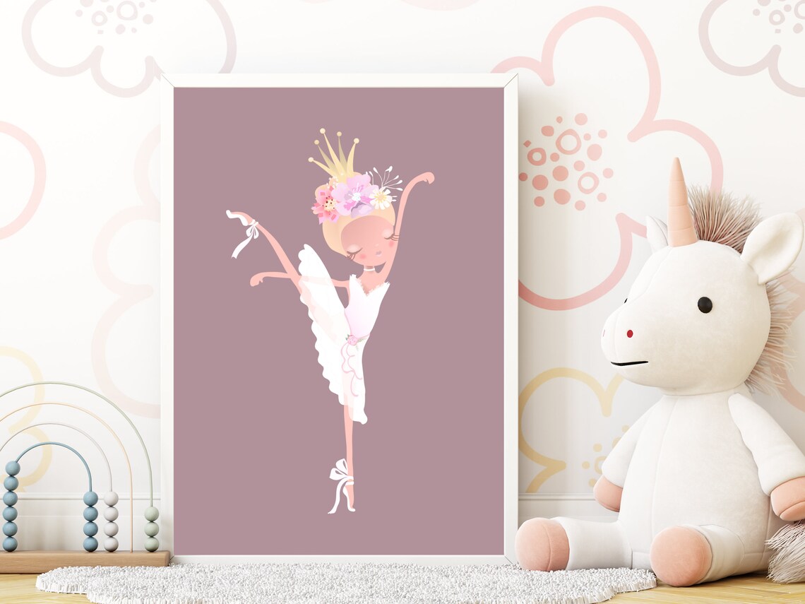 Ballerina Princess With Floral Crown On Mauve Girls Room Poster - Image 3