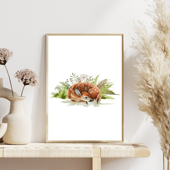Sleeping Baby Deer Fawn Watercolor Woodland Nursery Art Print