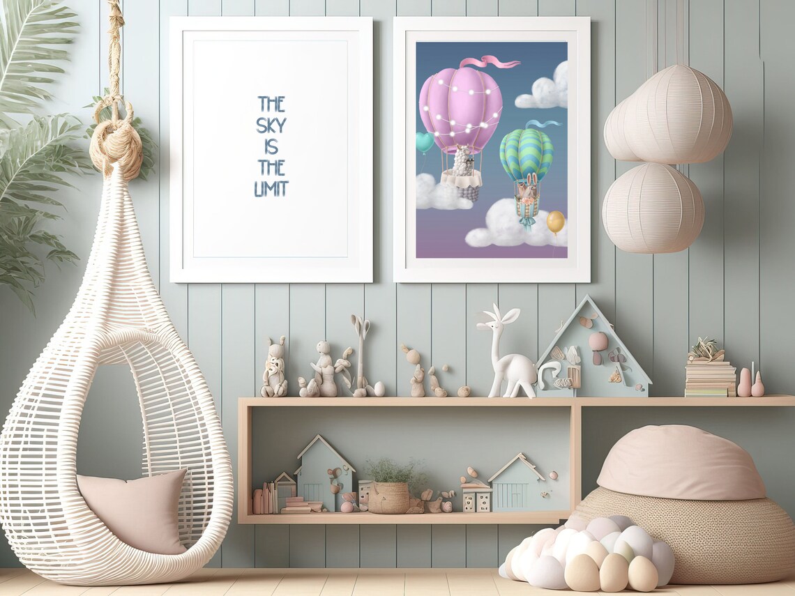 Llama and Bunnies in Hot Air Balloons Pastel Nursery Art Print - Image 2