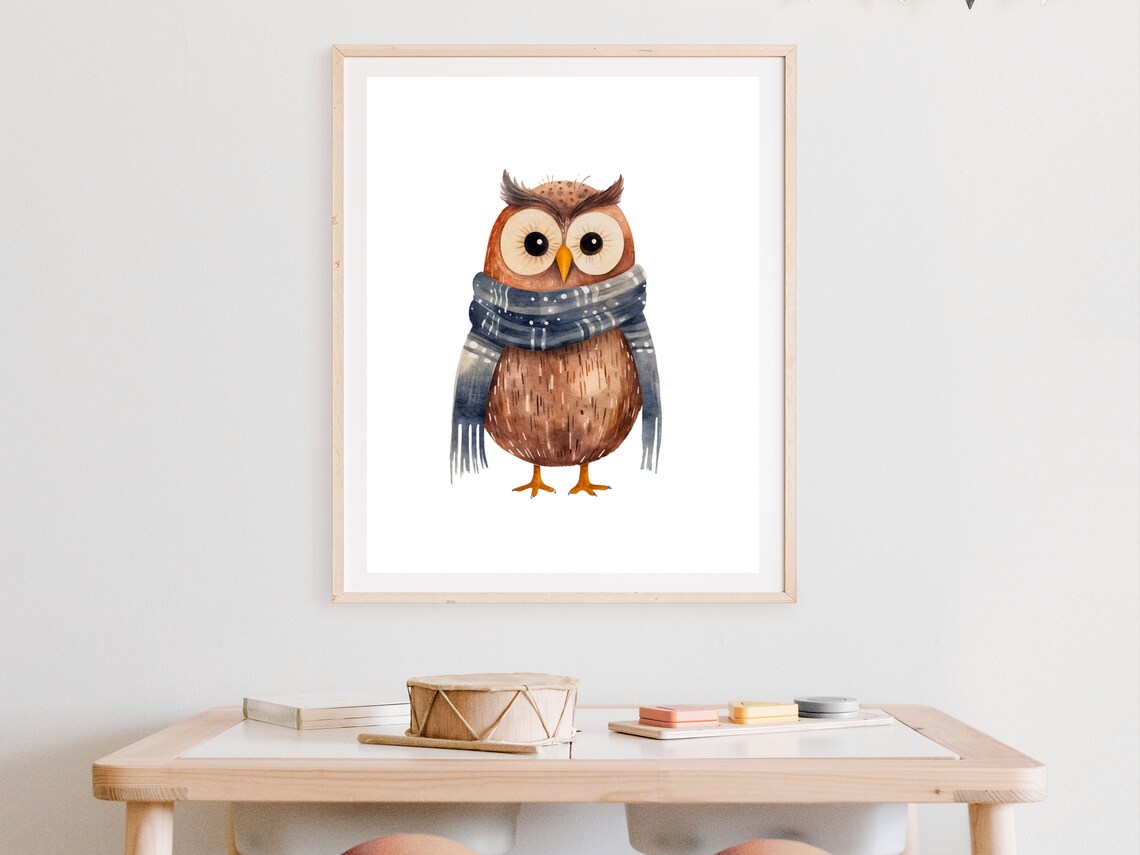 Cute Brown Owl Wearing Blue Scarf Watercolor Winter Nursery Poster - Image 4
