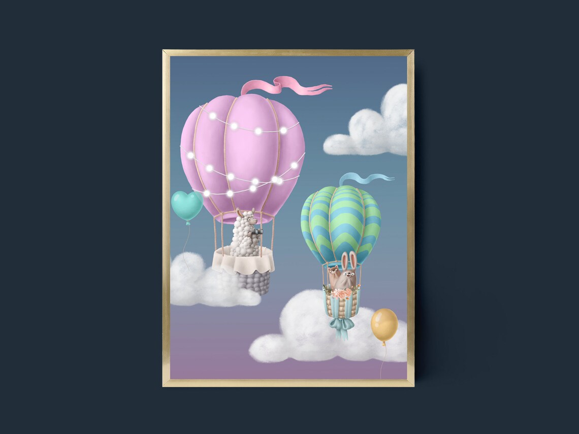 Llama and Bunnies in Hot Air Balloons Pastel Nursery Art Print - Image 4