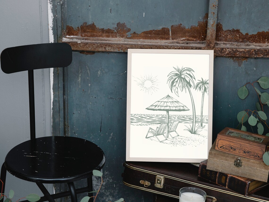 Sage Green Beach Scene Palm Trees Umbrella Line Art Coastal Poster - Image 4