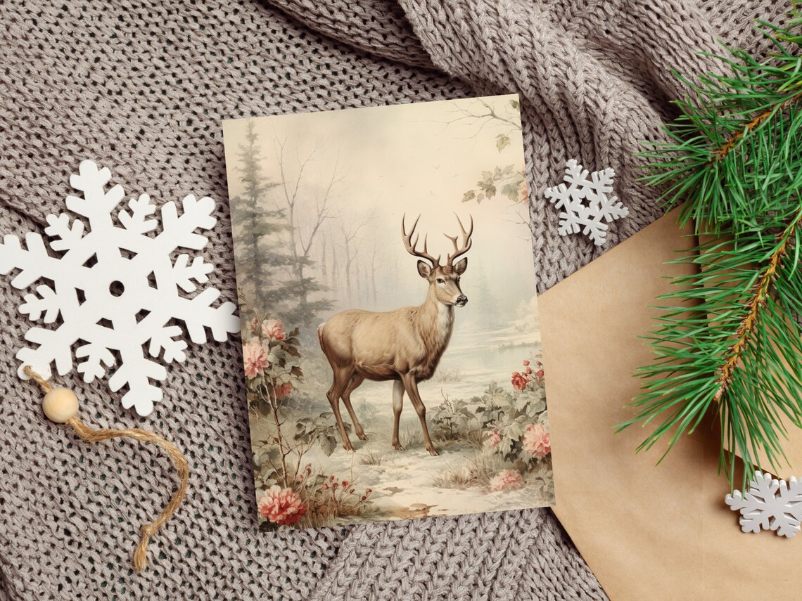 Christmas Woodland Art Print, Winter Forest Deer - Image 2