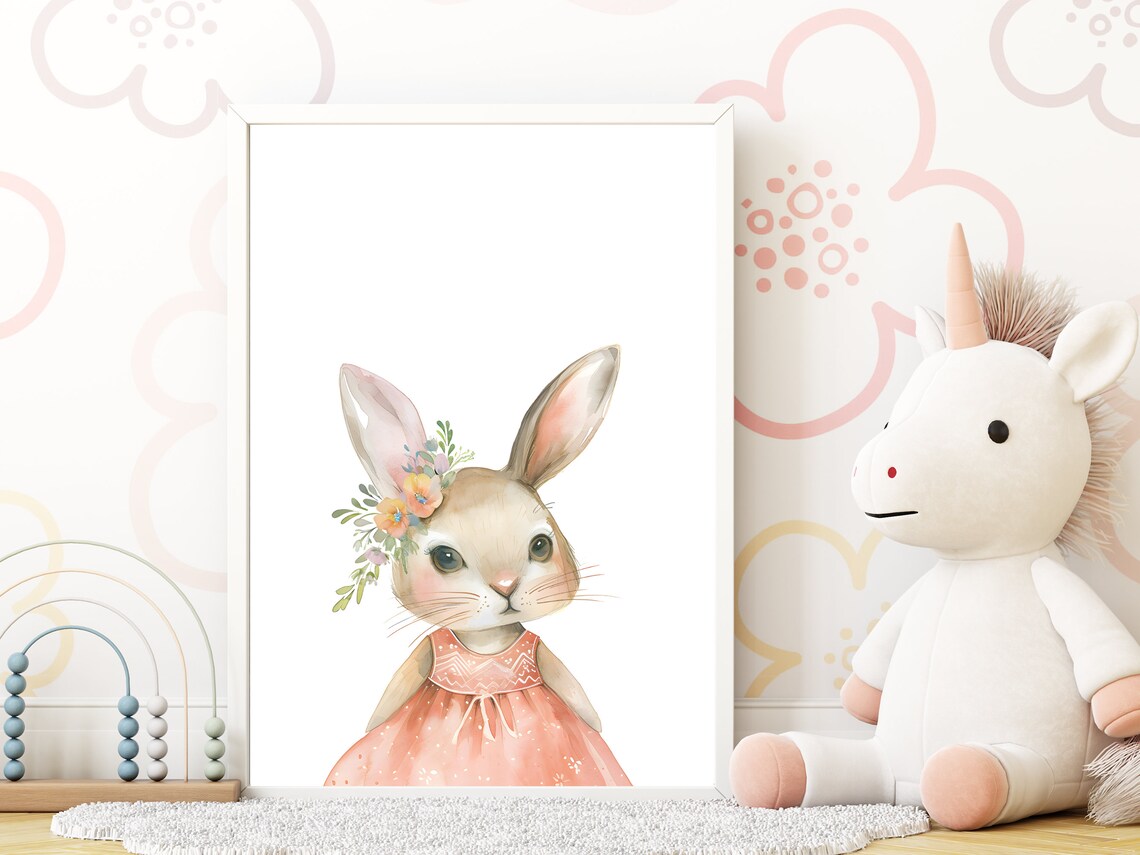 Cute Bunny Rabbit In Coral Dress With Floral Ear Watercolor Poster - Image 4