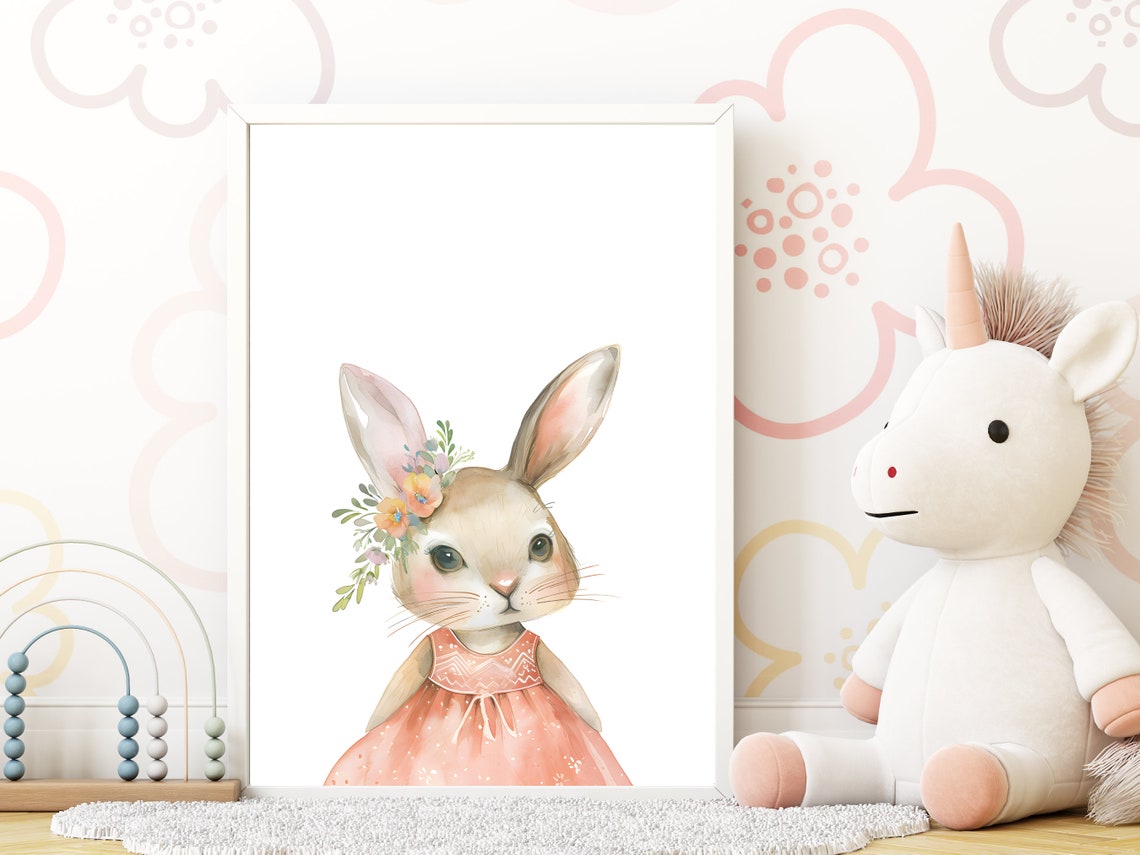 Cute Easter Bunny Art Flower Crown Bunny Print Watercolour Rabbit Art Bunny Nursery Decor Girls Room Wall Art - Image 4