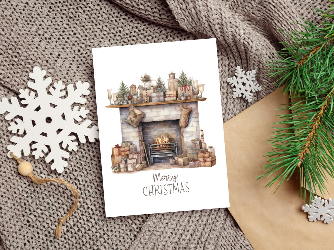 Rustic Fireplace With Stockings Merry Christmas Watercolor Poster - Image 4