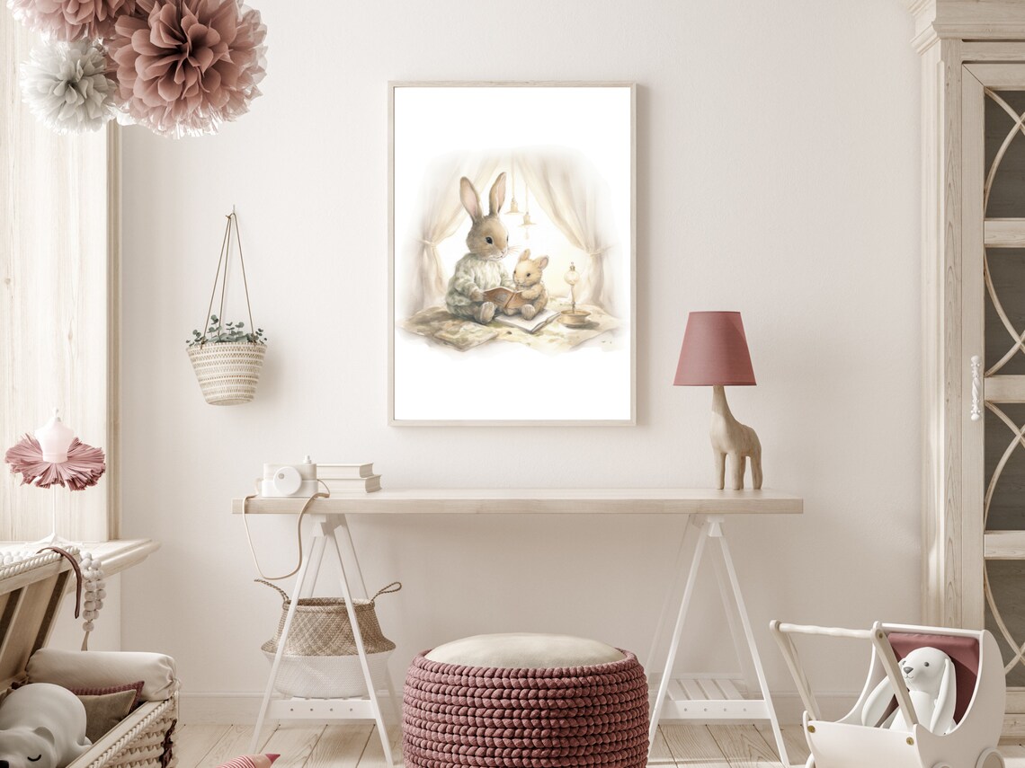 Bunny Bedtime Story Mother Rabbit Reading Book Watercolor Poster - Image 2