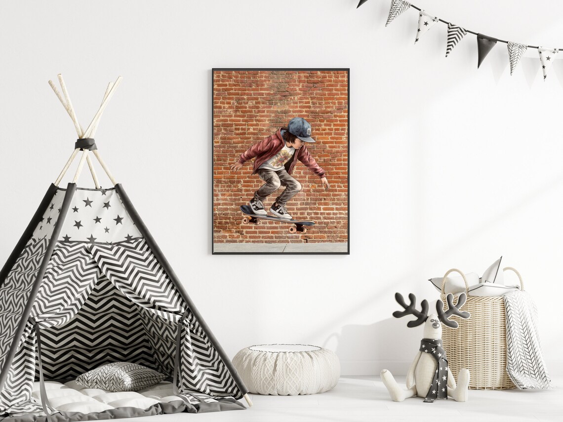 Skateboarder Kid in Front of a Brick Wall Sports Teen Room Poster - Image 2