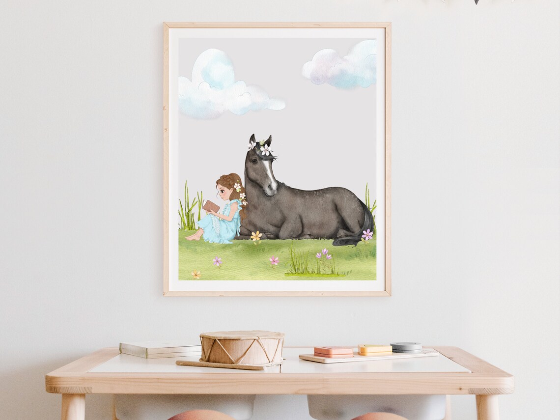 Brunette Girl Reading To Grey Horse Watercolor Fairytale Nursery Poster - Image 2