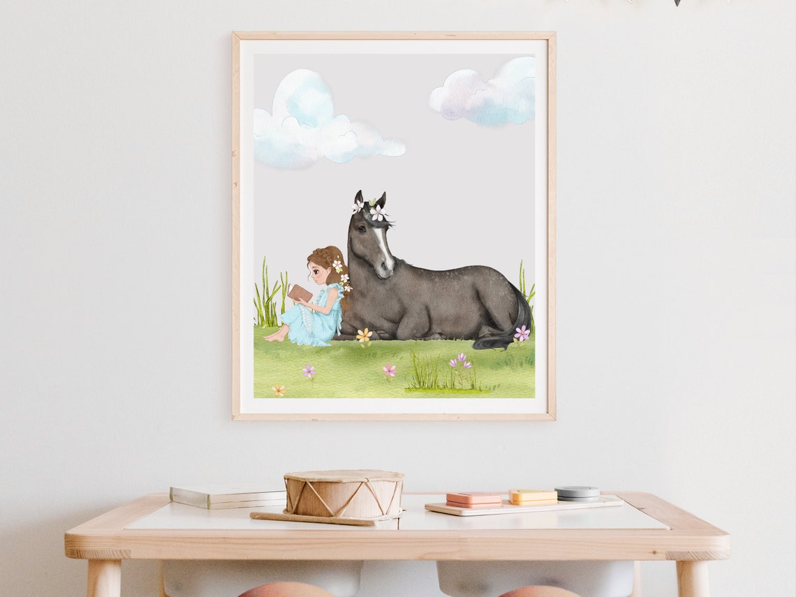Horse Nursery Print Fairytale Princess Wall Art Cute Girls Room Decor A Girl And Her Horse Art Print Watercolour Nursery Art - Image 2