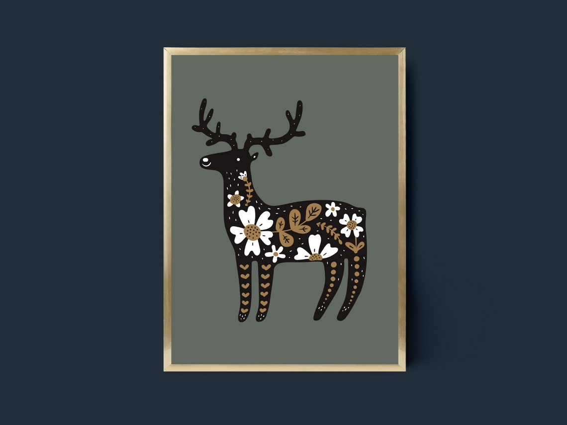Floral Deer Silhouette Scandinavian Folk Art Woodland Poster - Image 4