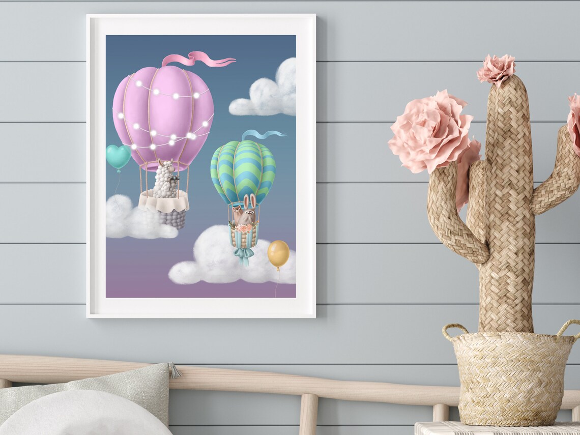 Llama and Bunnies in Hot Air Balloons Pastel Nursery Art Print - Image 3