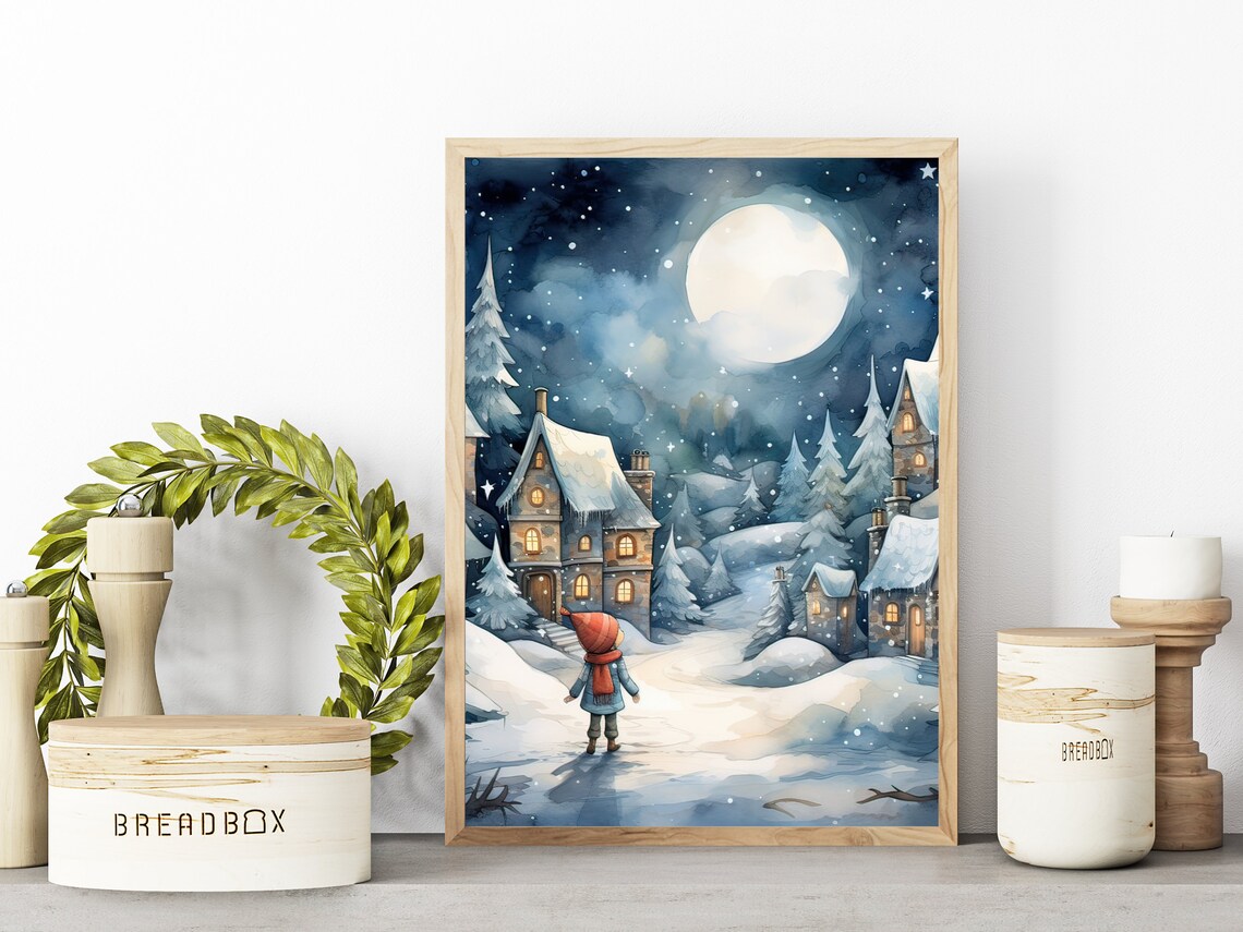 Moonlit Snowy Village Winter Watercolor Christmas Scene Poster - Image 2