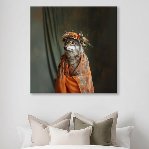 Wolf Fashionista Portrait With Floral Crown And Kimono Robe Poster