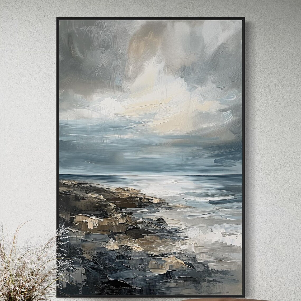 Stormy Grey Blue Abstract Seascape Rocky Shore Moody Ocean Art Poster - Image 4
