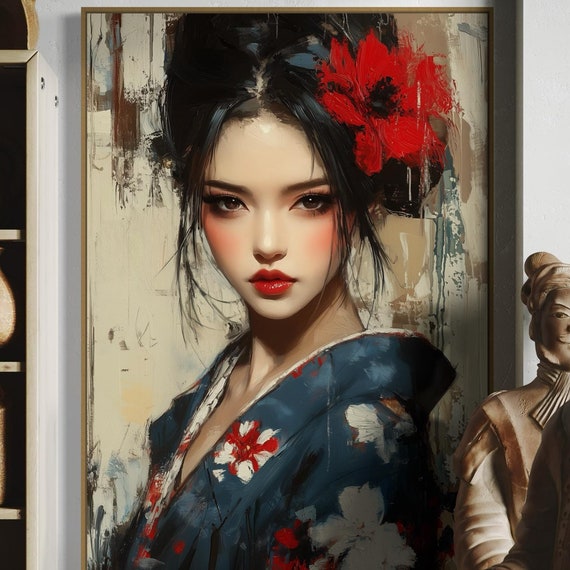 Japanese Woman Wall Art Elegant Floral Kimono Bold Cultural Portrait Print Oriental Inspired Decor For Living Room Or Above Bed