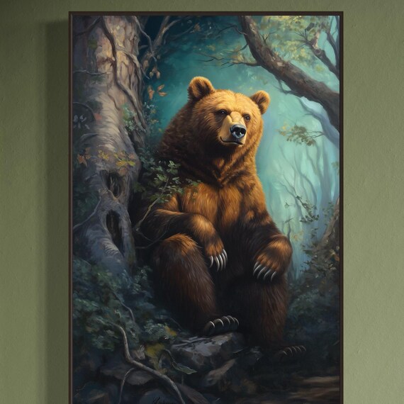 Majestic Brown Bear Forest Sitting Misty Woods Realistic Wildlife Art Poster