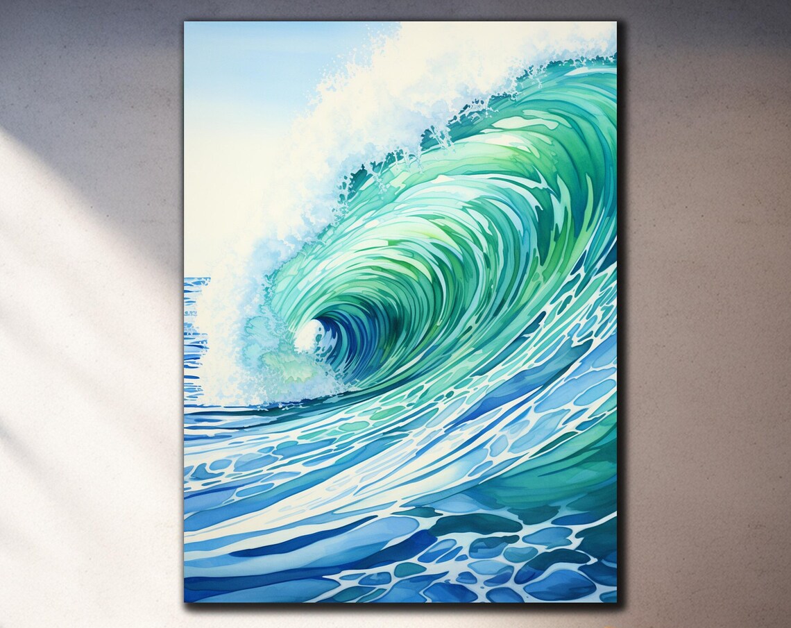 Turquoise Wave Spiral Watercolor Barrel Sea Green Wall Art Poster