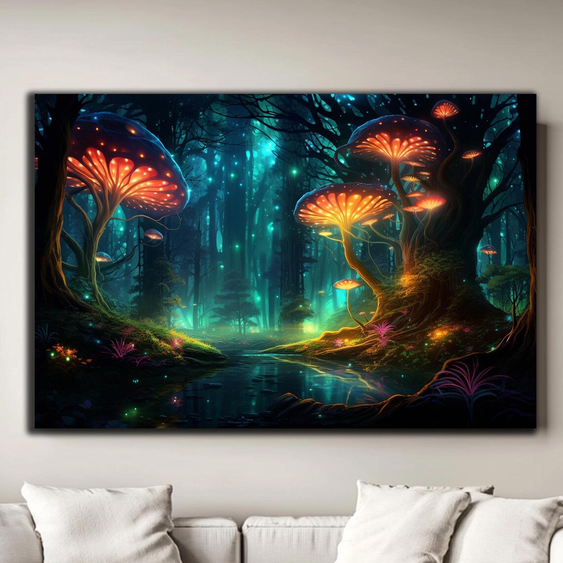 Tempered Glass Wall Art Fireflies Illuminate Forest Fantasy Neon Wall Decor Optical Illusion Artwork Psychedelic Glowing Forest Glass Art