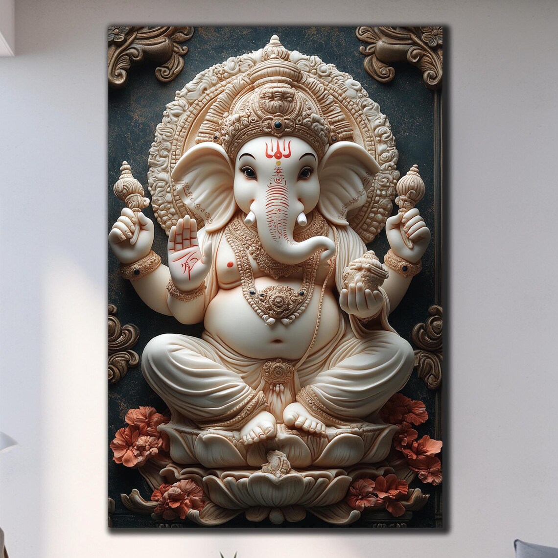 White Ganesha Statue Lotus Red Accents Hindu Blessing Wall Art Poster