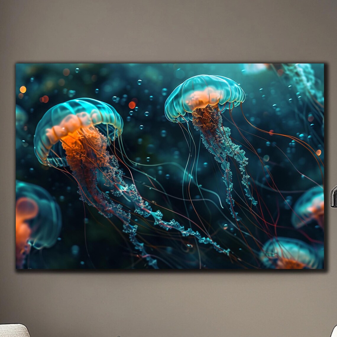 Two Glowing Jellyfish Close-Up Teal Amber Dark Ocean Scene Poster