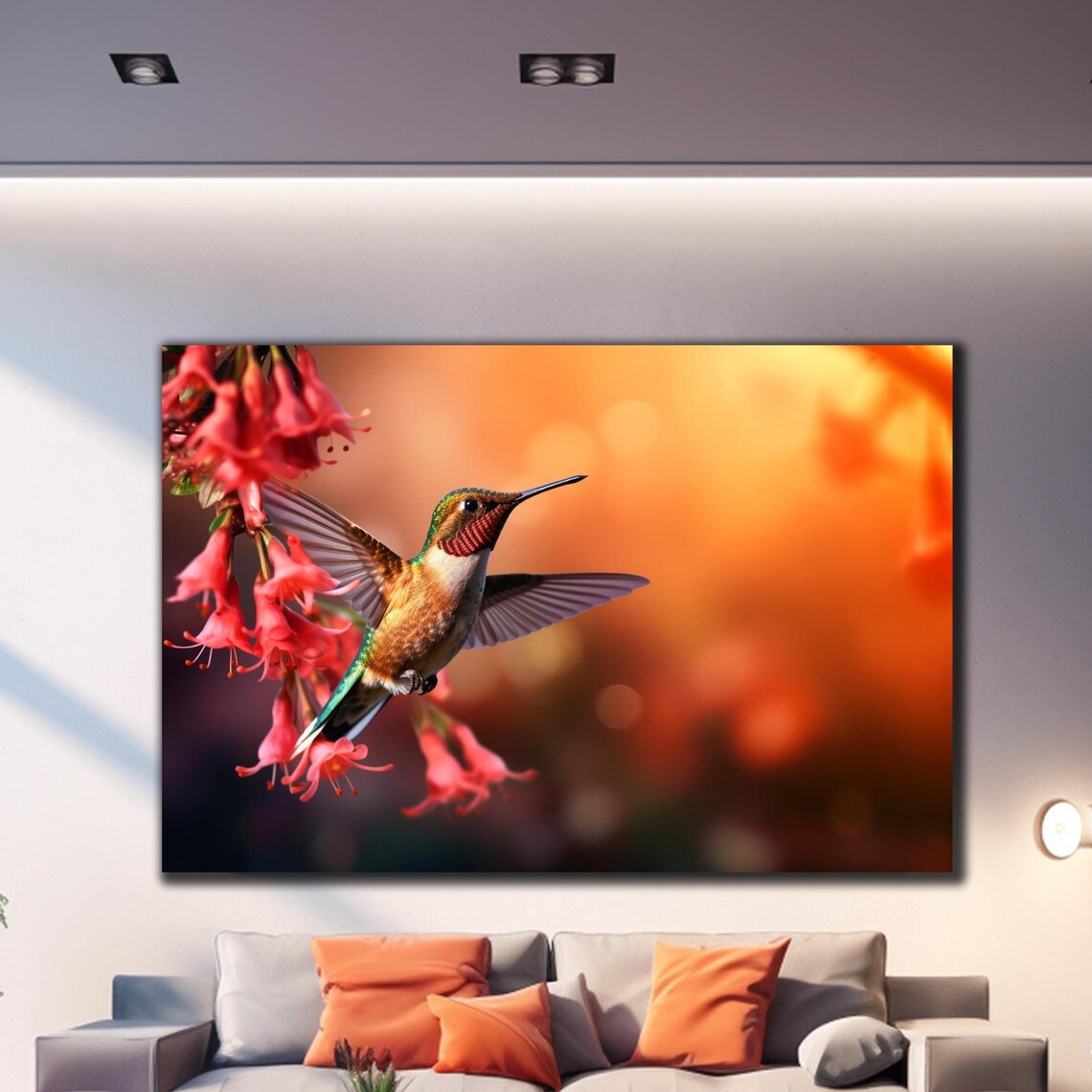 Copper Hummingbird Red Trumpet Flowers Warm Sunset Garden Poster